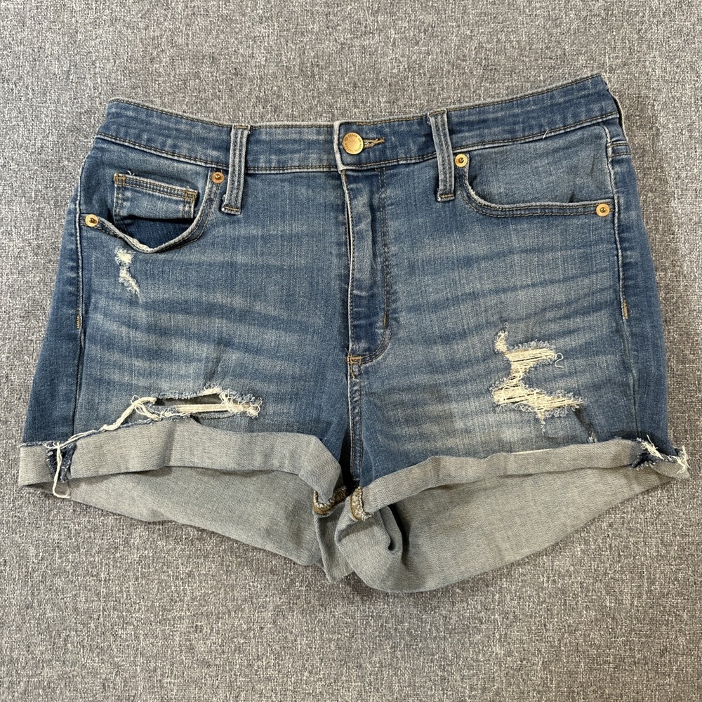 Universal Thread High Rise Midi Distressed Denim Shorts Size 10/30 Blue Jean